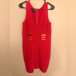 bebe Vibrant Red Midi Dress with Gold Accents